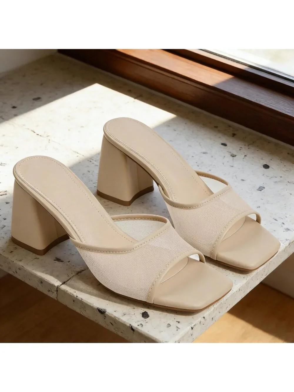 Women's Nude Mesh Summer Square Open Toe Mules Chunky Stylish Heeled Sandals